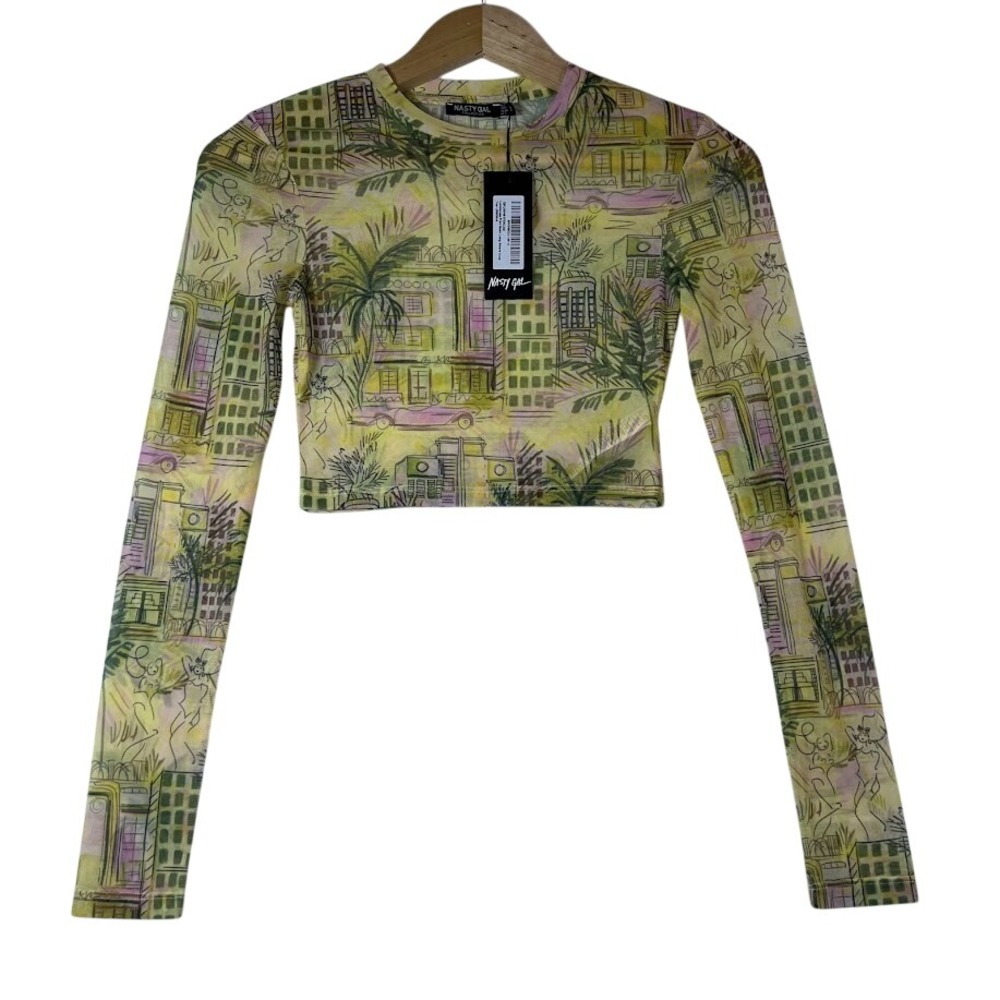 Nasty Gal Mesh Crop Top‎ Womens US 2 Landscape Print Long Sleeve Y2K Festival